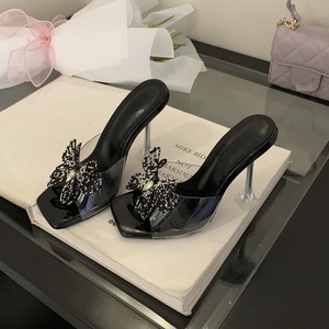 Sandales d'été à talons originaux pour femmes, avec strass, bout carré, chaussures de soirée transparentes - Product Image 3
