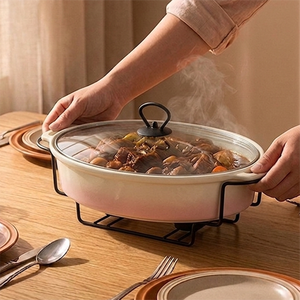 Plat de service ovale en céramique à bords festonnés de 11, 13 et 15 pouces, chauffe-plat avec support métallique - Product Image 3