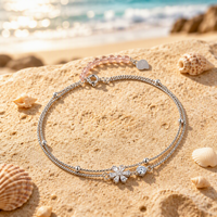 Bracelet en zircon S925 estampillé, motif floral, double chaîne, perles, extenseur, bracelet cœur, cadeau de la Saint-Valentin, bijoux mignons pour femme