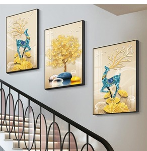 Arte Mural Tríptico Moderno de Porcelana de Cristal con Lámina Dorada, Paisaje Abstracto, Pintura Decorativa <span class=keywords><strong>para</strong></span> <span class=keywords><strong>Sala</strong></span> de Estar, Fondo de Sofá - Product Image 5
