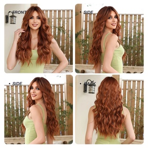 Perruque de cheveux ondulés bouclés longs synthétiques brun <span class=keywords><strong>rouge</strong></span> pour femmes perruque de vague naturelle auburn au gingembre <span class=keywords><strong>clair</strong></span> avec frange utilisation quotidienne résistante à la chaleur - Product Image 4