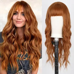 New Trend Orange Ginger Wig With Bangs Natural Looking Long Synthetic Curly Wave Heat Resistant Fiber Hair Wigs For Women