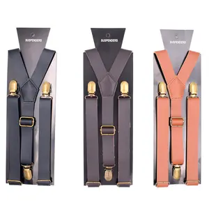 Man's Custom Design Logo 3 Clips Brown Leather Brace Suspenders Straps For Men