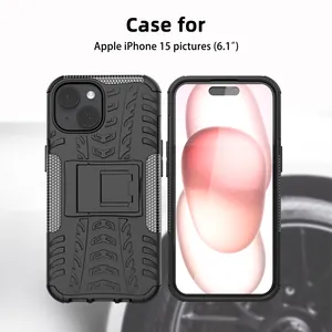 Funda de teléfono diseñada 2 en 1 para iPhone 15, funda de teléfono móvil de TPU suave de PC duro con soporte invisible