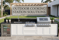 Luxuriöse L-förmige Weiße 304 Edelstahl Outdoor-Küche BBQ-Insel Schwarze Arbeitsplatte mit Grill, Kühlschrank & Schubladen
