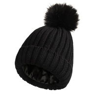Bonnet tricoté unisexe personnalisé avec logo, broderie 3D, pompon et doublure en satin de soie pour l'hiver – Idéal pour les voyages
