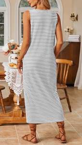 Vestido Largo Elegante de Verano con Cuello en U y Diseño de Botones a Rayas, Vestidos Ajustados de Punto Cómodos y Suaves sin Mangas para Mujer - Product Image 3