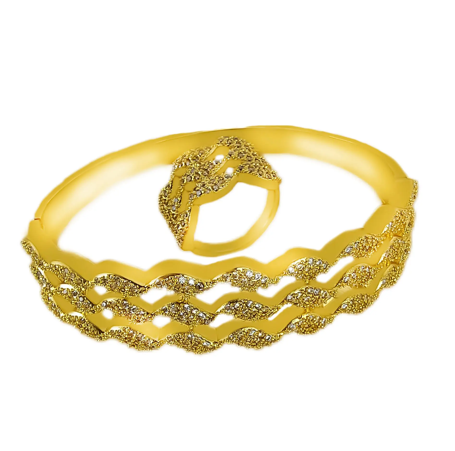 Midden-Oosten Bruiloft 18K Dubai Gouden Plaat Mode Sieraden Set Open Cufft Armbanden En Ringen Set