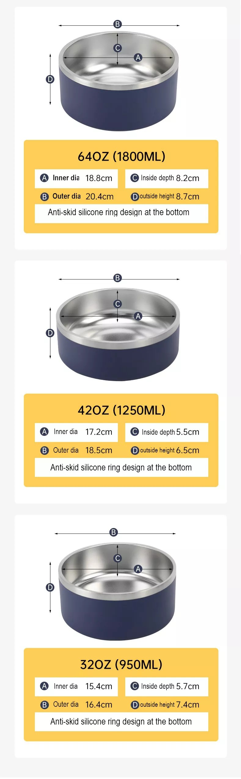 Eco Friendly 64oz 42oz 32oz Pet Feeders Food Water Container Stainless Steel Cat Dog Bowls