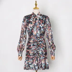 Wom Pakaian Musim Panas Jumlah Besar Gaun Pakaian Mini Berlipat 2021 Lukisan Minyak Ropa De Moda V Neck Kain Lengan Panjang Wanita Tenunan Antik