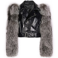 Veste de motard en cuir véritable pour femme, en peau de mouton véritable, manches en fourrure de renard, veste en cuir véritable pour l'automne
