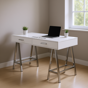 Colean <b>White</b> High <b>Gloss</b> Chrome Finish Computer <b>Desk</b> With Drawers For Home Office - Product Image 2