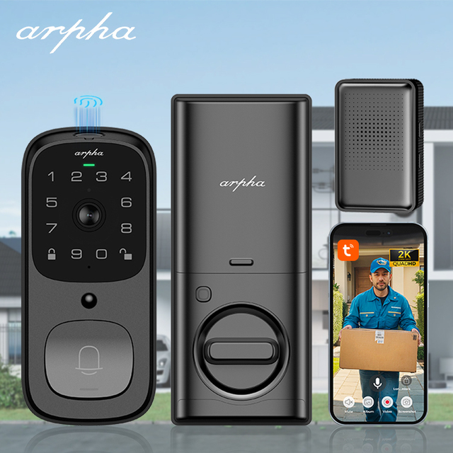 Arpha AL501 Waterproof Tuya App Wifi Deadbolt Lock Fingerprint Security Smart Door Locks With Video Doorbell and Camera