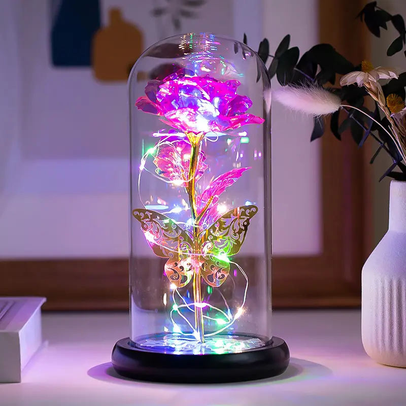 Vente chaude lumière LED dôme en verre Galaxy Rose dans un dôme en verre pour la décoration cadeau de la Saint-Valentin et cadeau de la fête des mères