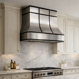 Cubierta de Campana Extractora Arquitectónica Personalizada de Acero Inoxidable 304 de Calibre Pesado, con Perfiles Curvos y Tiras Negras Cepilladas, Montada en Pared para - Product Image 4