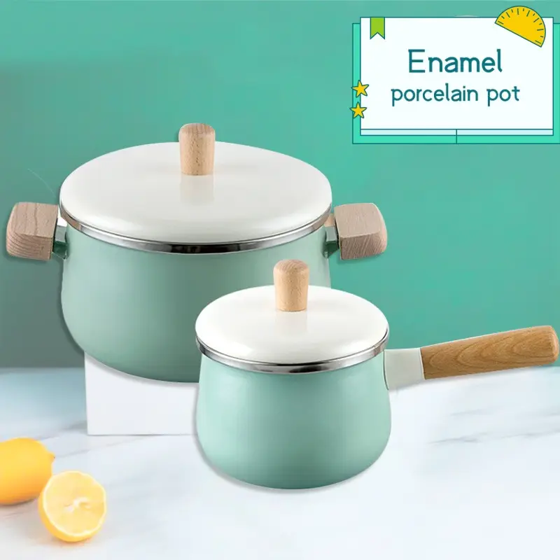Grosir panci sup rumah tangga Enamel, peralatan masak dapur bayi tidak lengket induksi kompor Gas berlaku peralatan masak pegangan ganda