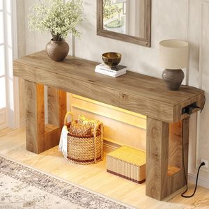 Mesa Consola de Entrada de Madera Rústica SENYU con Estante de Almacenamiento e Iluminación LED, Diseño Moderno de Casa de Campo para Decoración de Interiores del Hogar - Product Image 1