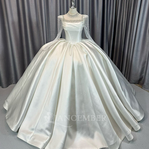 Lscm92 Modern Elegant Ivory Ball Gown <b>Wedding</b> Dress Beaded Illusion Satin Bridal Gown Pleated Corset Puffy Full Skirt Chapel - Product Image 5