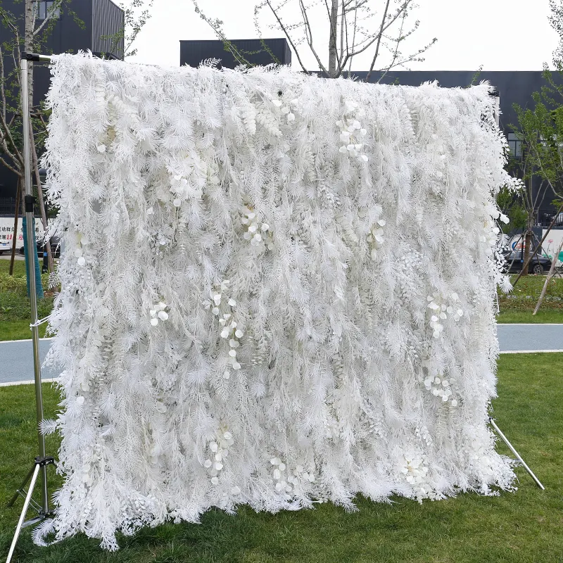 EG-S1001装飾的な結婚式の装飾3Dホワイトピンクローズ人工シルクロールアップパンパス草花壁パネル背景