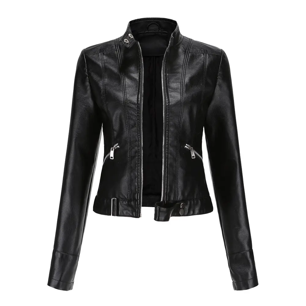 Casaco de couro novo das mulheres Jaqueta curta Primavera Outono Stand Collar Senhora Couro Fino Falso Couro Bomber Jacket Mulheres