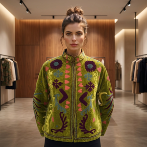 Veste en velours bohème Suzani - Manteau d'hiver brodé à la main à col ouvert, taille unique, blazer rétro chic pour adultes - Product Image 4