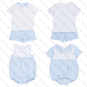 Pakaian anak laki-laki Set pakaian biru muda bergaris baju bayi laki-laki baju Romper musim panas kemeja anak laki-laki + Set pendek - Product Image 1