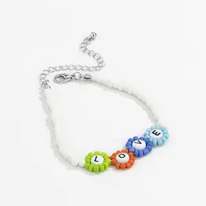 Bohème buntes Samen-Perlen-Armband Blume Liebeswort einstellbare Schnur Seil-Kette Armband für Damen