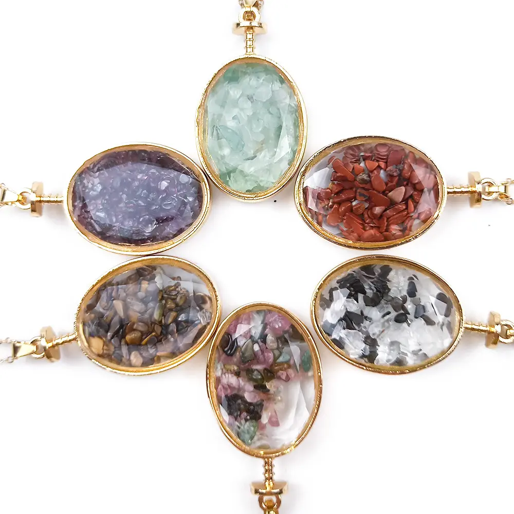 Collier avec pendentif en forme de gravier, pierre de guérison en cristal naturel, artisanat ethnique, ovales en cristal, idée cadeau, 10 pièces