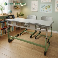 Ensemble de chaises doubles réglables confortables pour l'école avec plateau de table en bois épais en forme de F, design de style français, 2 tiroirs