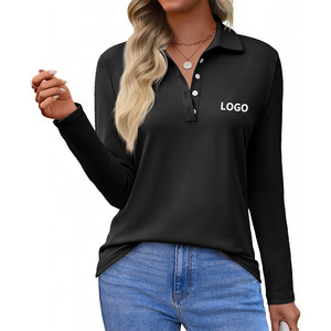 Polo a Maniche Lunghe da Donna con Logo Personalizzato, Top Casual con Bottoni, Maglia Slim Fit con Scollo a V e Colletto - Product Image 1