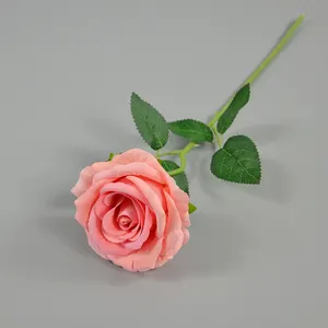 Venta caliente Real Touch flor artificial de un solo tallo de terciopelo rosa blanca flor para decoración de boda decorativa de Navidad