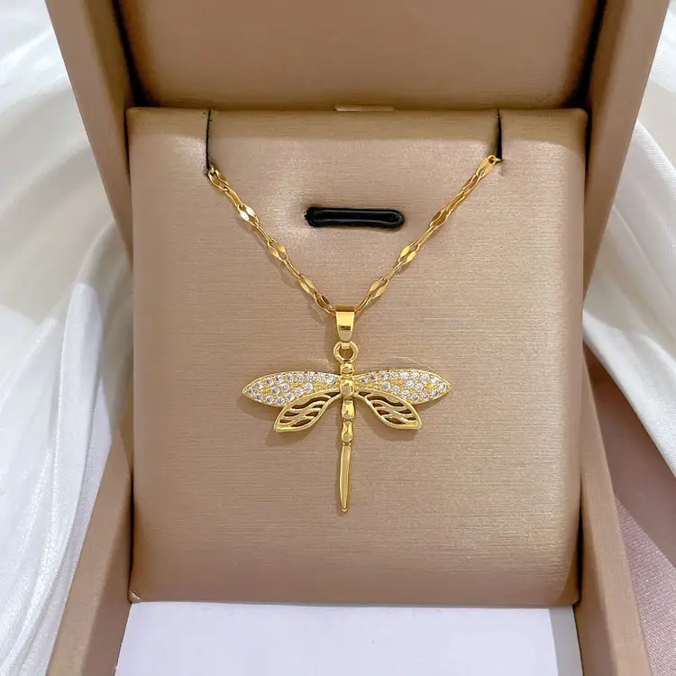 Colar com pingente da dragonfly, colar sc, luxuoso, feminino, banhado a ouro 18k, de aço inoxidável