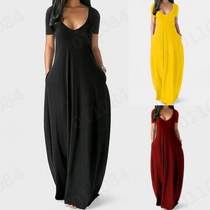 Vestido Largo Casual <span class=keywords><strong>de</strong></span> Verano para Mujer, Talla Grande, Color Sólido, Liso, Teñido, Sexy, con Cuello en V Profundo, <span class=keywords><strong>Manga</strong></span> <span class=keywords><strong>Corta</strong></span> y Bolsillos - Product Image 4