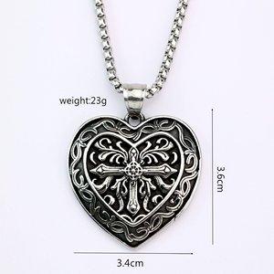 Kalung Liontin Salib Hati Baja Tahan Karat Gaya Vintage Gothic untuk Pria Wanita, Perhiasan Rantai Ukiran Retro Punk Grunge - Product Image 4