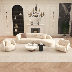 Divano a Tre Posti in Tessuto di Lana d'Agnello Color Crema, Moderno e Minimalista, Curvo, per Reception, Salotti e Hall di Hotel - Product Image 2