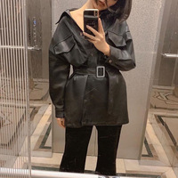 Frauen Braun Weiches Leder Jacke Kleid Mittellang Schlank Kunstleder Mäntel Elegante Krawatte Gürtel Taille Taschen Outfits
