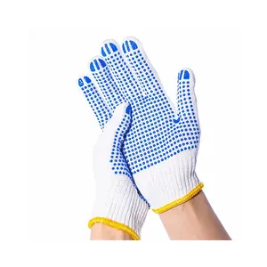 Natural White Cotton Hand Job Knitted Gloves PVC Dotted Work Glove For Industry