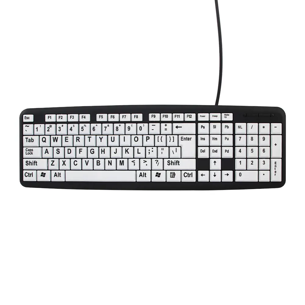 Teclado de computadora de impresión grande, teclado de alto contraste USB con cable con letras impresas de gran tamaño para personas con baja visión