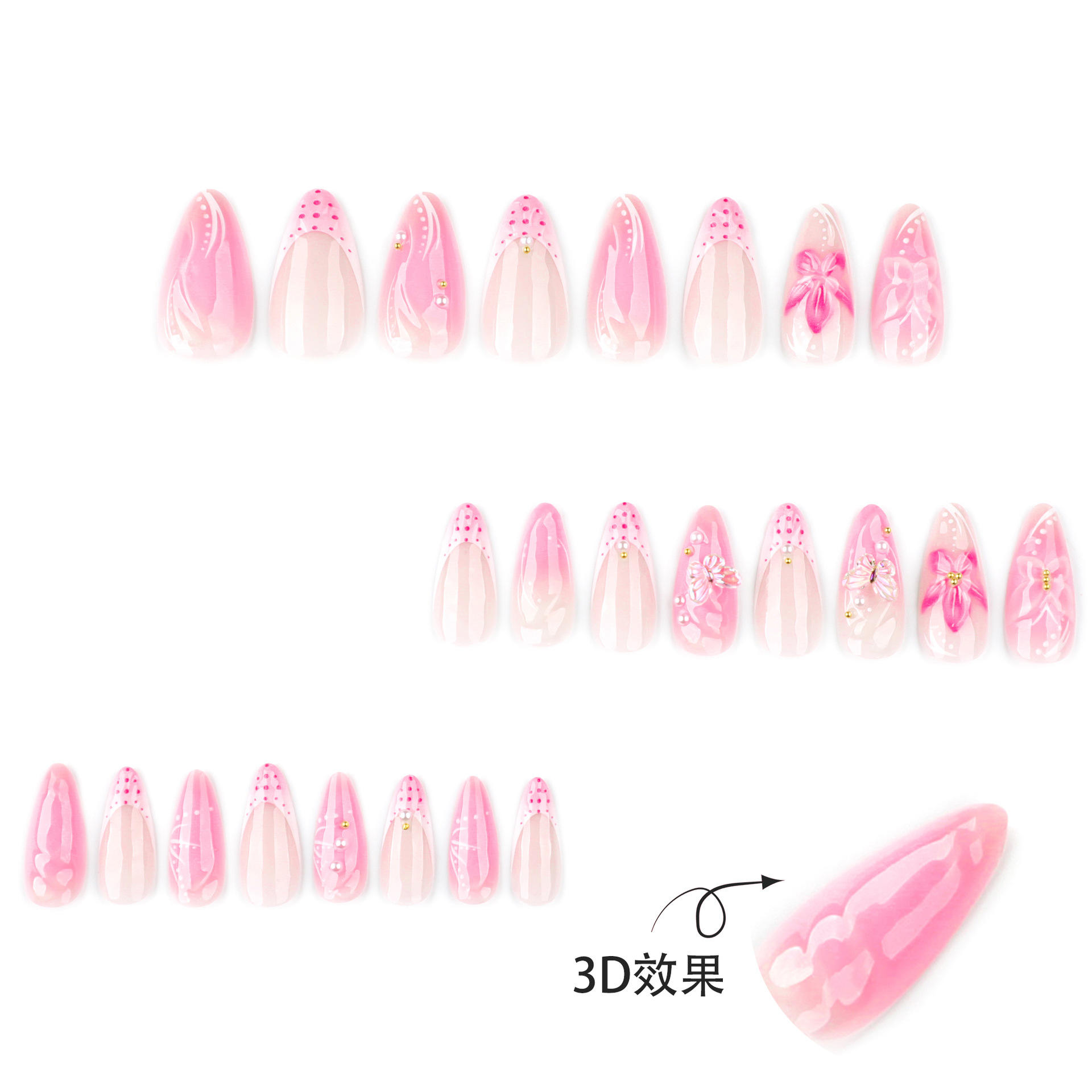 Brand New Product Fashion Short Almond False Nails Wholesale Pink 3D Flower Nail Tips with Boxes Packing