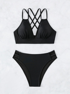 Maillot de bain deux pièces pour femmes, couleur unie, logo personnalisé, col en V, bikini sexy - Product Image 4