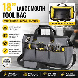 Bolsa de Herramientas de Boca Ancha de 18 Pulgadas, Bolsa de Transporte de Herramientas de Poliéster 600D Resistente con Correa para el Hombro para Electricistas y Contratistas - Product Image 1