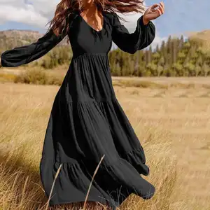 C CLOTHING Verano Elegante Gasa Color Sólido Vestidos Casual Negro Vestido Largo Para Mujer