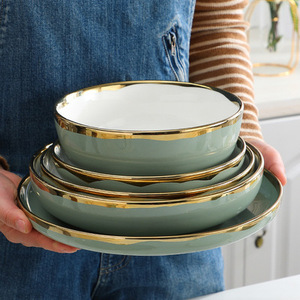 Vajilla de Porcelana de Alta Calidad con Borde Dorado, Color Verde Claro, Estilo Americano, Apta para Lavavajillas, Portátil, para Cocina - Product Image 4
