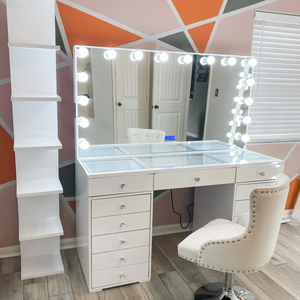 Tocador de estilo de salón <span class=keywords><strong>profesional</strong></span> con espejo de bombilla LED grande, cajones espaciosos y bisagras de cierre suave, tocador de <span class=keywords><strong>maquillaje</strong></span> - Product Image 4
