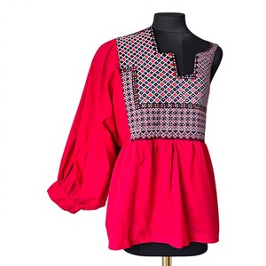 Blusa de poliéster roja bordada estilo bohemio con peplum para mujer, blusa étnica de manga globo, túnica tradicional folclórica para fiesta de adultos - Product Image 2