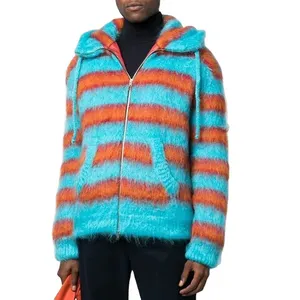 Fashion Casual Mohair Fuzzy Men Knit Cardigan Sweater Custom Knitted Striped Men's Hooded Sweater