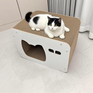 Griffoir pour chat en bois moderne et respirant, design ondulé, écologique, sans odeur chimique, housse amovible en tissu pour animaux de compagnie - Product Image 2