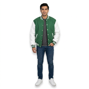 Chaqueta Estilo Universitaria para Hombre en Verde Bosque y Blanco, Forro Acolchado, Ribete a Rayas, Cierre con Botones a Presión, Moda Urbana - Product Image 1