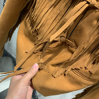 Veste courte en daim véritable à franges, style western cowboy, à nouer devant, en cuir véritable de mouton, avec pompons