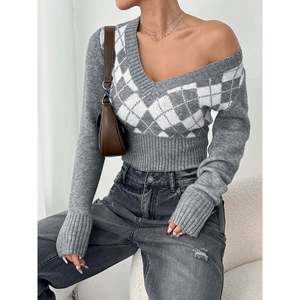 Pull à col en V à manches longues, color block, multicolore, pulls pour femmes - Product Image 2